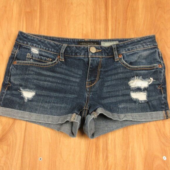 AEROPOSTALE Shorty Cuffed Jean Shorts Sz 6 Ripped Distressed Blu Denim Hot Pants - Picture 2 of 12